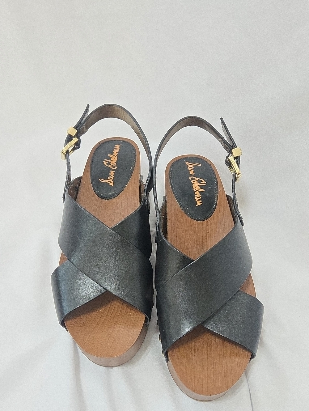 Sam Edelman Black Leather Crisscross Slingback Sandals with Gold Buckles